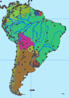 Map of South America showing point, line, and polygon features
