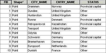 Attribute table for a layer of cities
