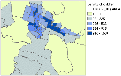 Map showing number of children divided by area to show density