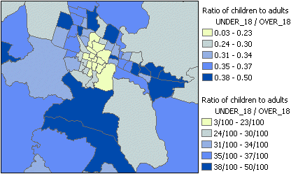 Map showing the ratio of children to adults