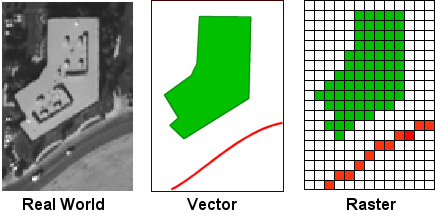 Building and road represented as vector and raster