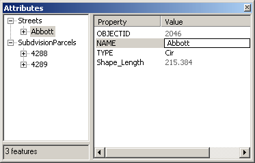 Attributes dialog showing two layers with selected features