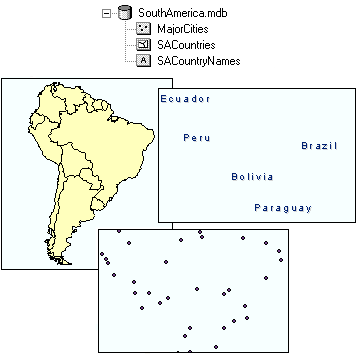 Three feature classes in the SouthAmerica geodatabase