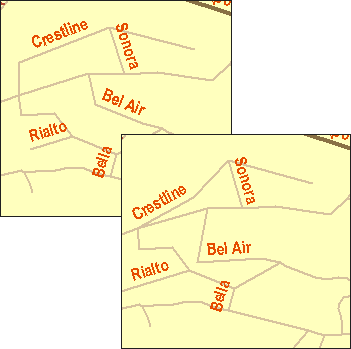 Two street maps before and after editing; the annotation location changes when the linked street feature changes