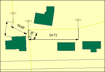 Map with dimension annotation features that show the distance between power poles