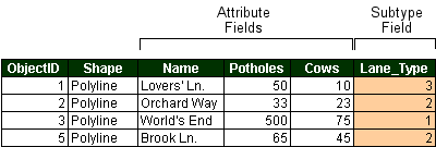 Example subtype field in a feature class table