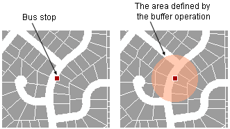 Maps showing a bus stop and a buffer around a bus stop